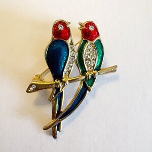 Double Parrot Brooch Pin Lovebirds Enamel Rhinestone Red Green Blue Tropical